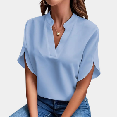 Aiva | Dames Blouse van Katoen met V-hals en Korte Mouwen in Wit en Zwart 0