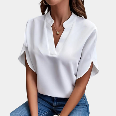 Aiva | Dames Blouse van Katoen met V-hals en Korte Mouwen in Wit en Zwart 4
