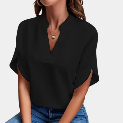 Aiva | Dames Blouse van Katoen met V-hals en Korte Mouwen in Wit en Zwart 9