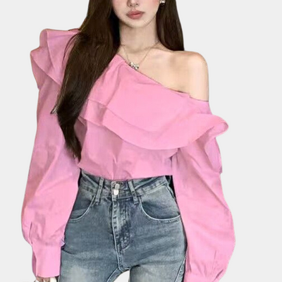 Alena | Dames Witte Blouse van Polyester met Off-Shoulder en Ruches 0