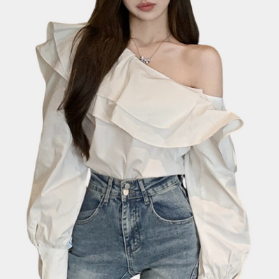 Alena | Dames Witte Blouse van Polyester met Off-Shoulder en Ruches 1