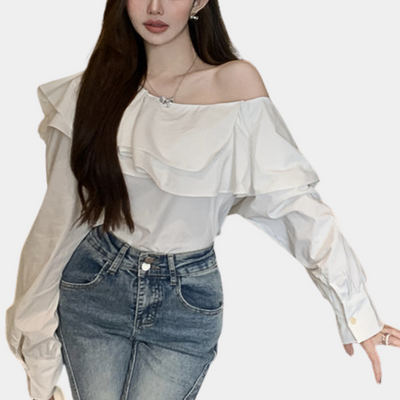 Alena | Dames Witte Blouse van Polyester met Off-Shoulder en Ruches 2