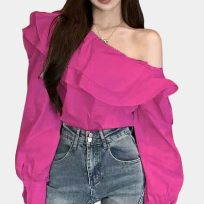 Alena | Dames Witte Blouse van Polyester met Off-Shoulder en Ruches 3
