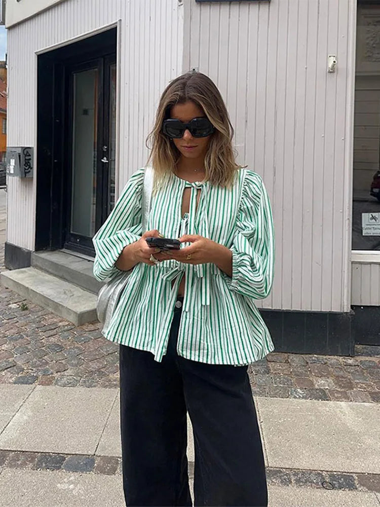 Emma | Dames Blouse Lichtgewicht Katoenmix met Streepdesign en Pofmouwen 1
