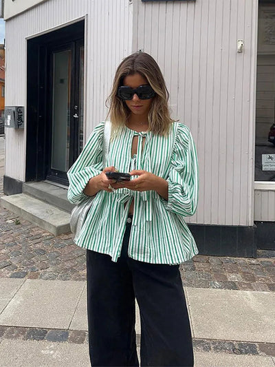Emma | Dames Blouse Lichtgewicht Katoenmix met Streepdesign en Pofmouwen 1
