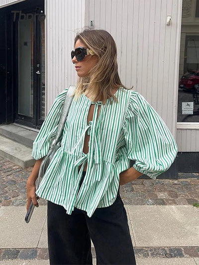 Emma | Dames Blouse Lichtgewicht Katoenmix met Streepdesign en Pofmouwen 2