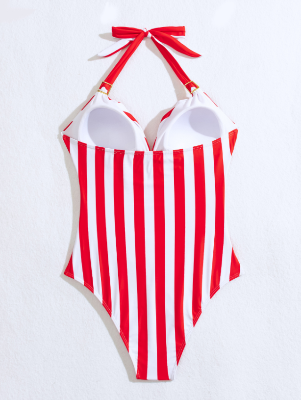 Kiera | Dames Badpak Rood met Gestreept Ontwerp en Rugloos Design van Nylon en Spandex 2