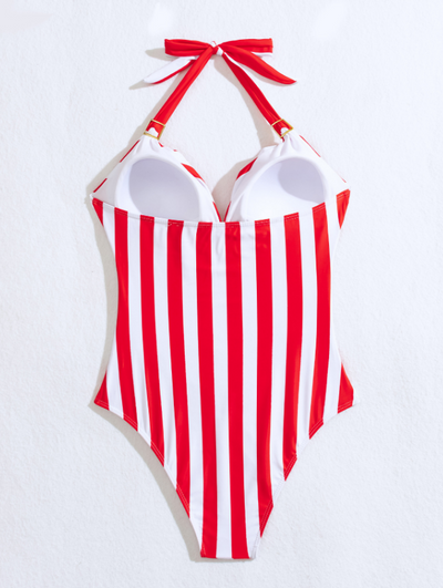 Kiera | Dames Badpak Rood met Gestreept Ontwerp en Rugloos Design van Nylon en Spandex 2